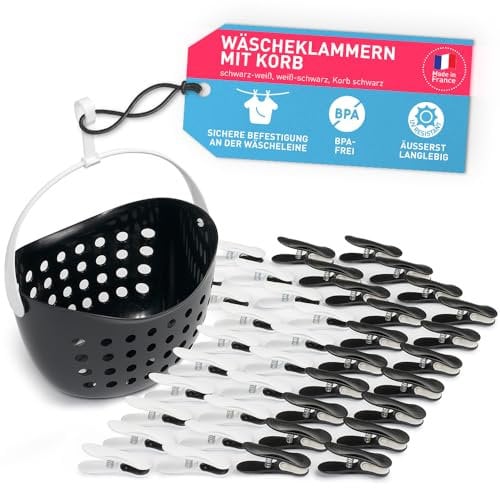 culiclean Pince a Linge Soft Clips – Panier Epingle a Linge – Fabriqué en France – Blanc-Noir avec Panier Noir – Lot de 40 Pinces + 1 Panier