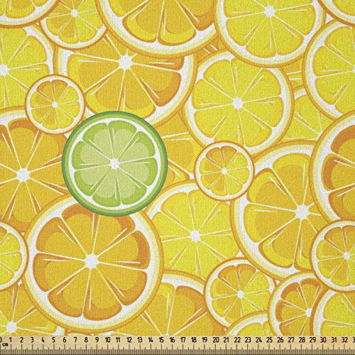 ABAKUHAUS Obst Stoff als Meterware, Lemon orange Kreise, Microfaser Multi Zweck Dekostoff für Kunsthandwerke, 3M (230x300cm), Gelb Weiß und Grün