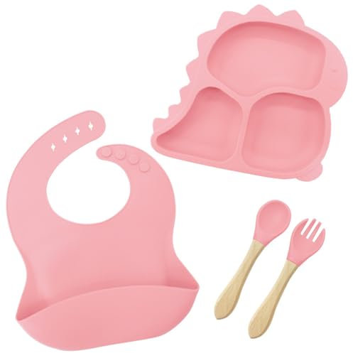 Silicone Baby Crockery Set, Non-Slip Children's Crockery Set with Suction Cup, 4 Pieces, BPA-Free Learning to Eat Cutlery Sets with Spoon, Fork, Bib and Plate -F