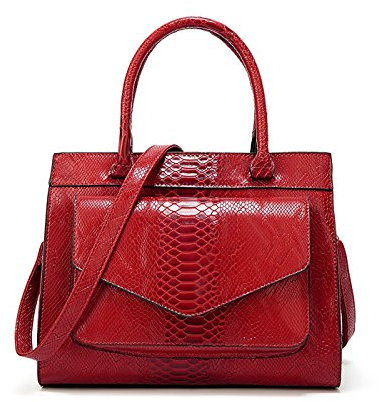 Coolives Damen Henkeltasche mit Schulterriemen aus PU-Lackleder Schlange Textur Schultertasche Umhängetasche Quadrat Handtasche für Frauen Rotwein EINWEG