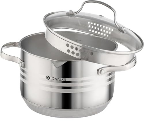 Daniks Tokio Pentola Accacio Inox con Coperchio, 3 Litri Ø 22 cm | Pentola Pasta con Scolapasta Incorporato | Induzione Gas | Scala di Misura | Argento
