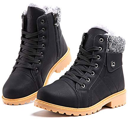 Hitmars Winterstiefel Damen Schneestiefel Warm Gefütterte Fraun Rutschfest Reißverschluss Schneestiefel Outdoor Wander Schnüren Plattform 6-Schwarz EU39