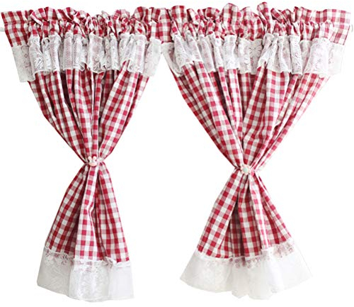 ACMHNC Scheibengardine Landhaus Vintage, Karierte Küche Gardine mit Spitze, Kurzstores Gardinen Kleinfenster Kurz Bistrogardine 2er Set,W x H 115x40cm