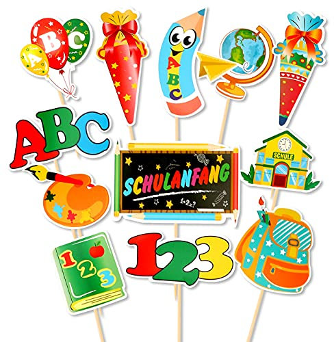 HOWAF 12pcs Schulanfang Cupcake Topper Dekorationen für Einschulung Tortendeko Schuleinführung Kuchen Dekorationen Fondant Muffins Zucker, für Junge Mädchen 1. Schultag Schulanfang Party Deko