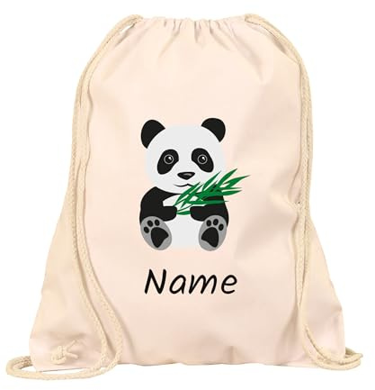 Turnbeutel Kinder Panda personalisiert mit Namen, Baumwolle, Natur | Stoffbeutel mit Wunschname & Panda-Motiv – für Kindergarten, Schule & Sport, aus 100 % Baumwolle