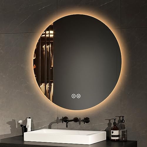 EMKE Badspiegel mit Beleuchtung Rund 70cm Badezimmerspiegel mit 3 Lichtfarbe dimmbar, Touch, Speicherfunktion Energiesparend Badezimmerspiegel Wandspiegel rund
