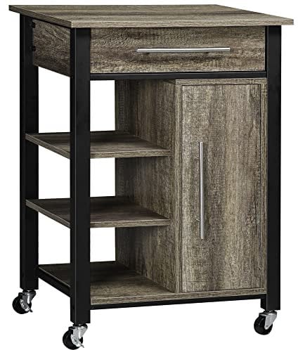 HOMCOM Carrello da Cucina Portavivande con Cassetto, Mensole, Armadietto e 4 Ruote, Legno Truciolare, 60x50x84.5cm, Quercia