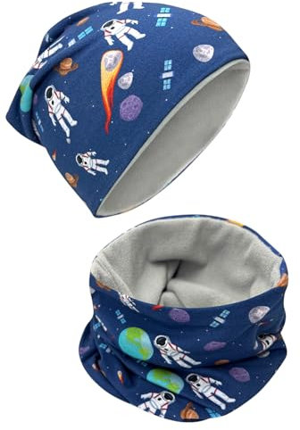 HECKBO Kinder Beanie Wintermütze & Schal Set - Astronaut - 2-6 Jahren - 95% Baumwolle mit Vlies Fleece Mütze - Herbst Frühling Winter