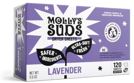 Molly's Suds Fabric Softener Dryer Sheets for Sensitive Skin | Plant-Based Static Reducer, Plastic-Free Packaging | Lavender (120 Sheets)
