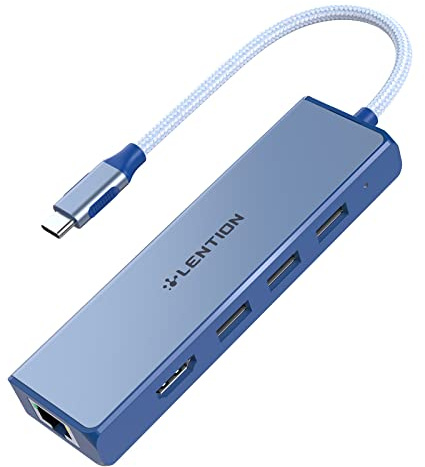 LENTION Hub USB C con Gigabit Ethernet, HDMI 4K, 3 USB 3.0 para MacBook Pro 2025-2016, Nuevo Mac Air, Surface, iPhone 17 Plus Pro MAX y Más, Adaptador con Stable Driver (C25HE, Azul)