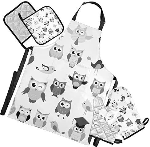 Black WhiteTribal Ethnic Owls Seamless on White 5 Pcs Set Cooking Apron Heat Insulated Oven Mitts with Pot Holder Pad, Kitchen Oven Gloves Protectors Mat for Grilling Baking