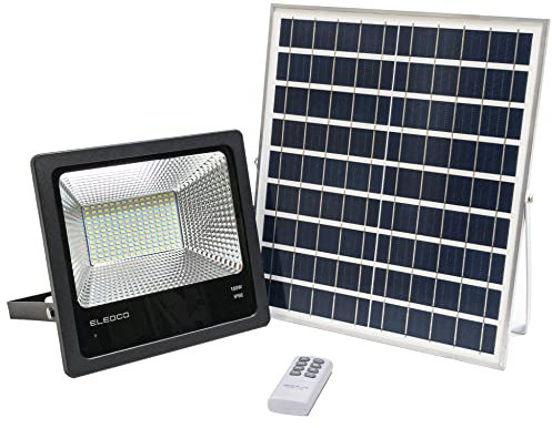 ELEDCO Projecteur LED Solaire 100W, Panneau Solaire, Batterie, Télécommande Dimmable, Lampe Solaire Autonomie 8-15 Heures, IP66