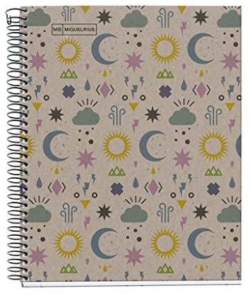 Miquelrius - Recycelter Spiralblock A5 - 80 Blatt 80 g - Raster 5 x 5 mm - 1 farbiger Streifen - Recyceltes Karton-Hardcover - Mond-Design, Öko-Optik