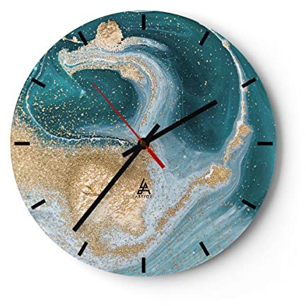 ARTTOR Moderne Glasuhr 40x40cm Rund Wanduhr Abstrakt - 4969 | Türkis Hintergrund Golden Glas Analog Wanduhr Lautlos Wanddekoration Wohnzimmer Küche Wanddeko Küchenuhr Geräuschlos ARTTOR