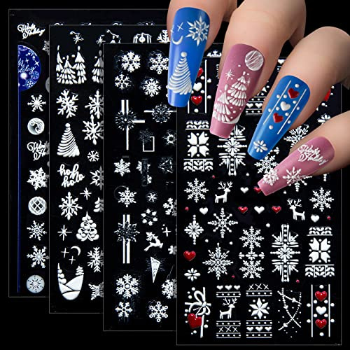 4 Blätter Weihnachten Nagelsticker Selbstklebend, 5D Schneeflock Weihnachten Nagelaufkleber, Nagel Kunst Design Aufkleber mit Pinzette für Damen Mädchen Nail Art DIY Dekoration