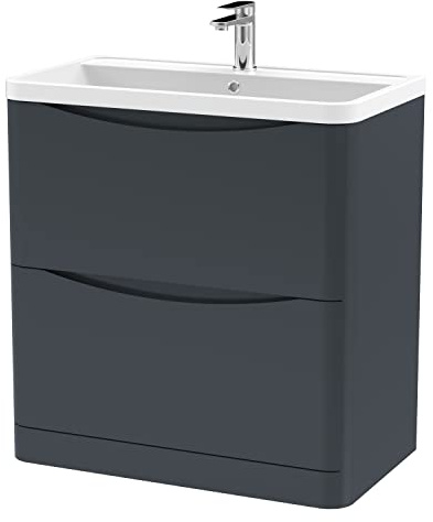 nuie LUN1403 Lunar Modern Bathroom Floor Standing 2 Drawer Vanity Basin Unit with Polymarble Basin, 800mm, Soft Black