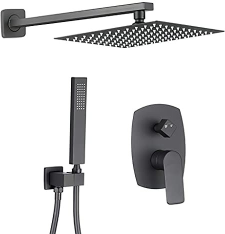 VALAZ Ducha Empotrada Negro Mate | Ducha Monomando 2 Vías, Rociador Efecto Lluvia | Instalación en Pared Fácil y Rápida | Acero Aleado, Inoxidable, Ovalada/Cuadrada, Rociador 25 cm, Serie Esla