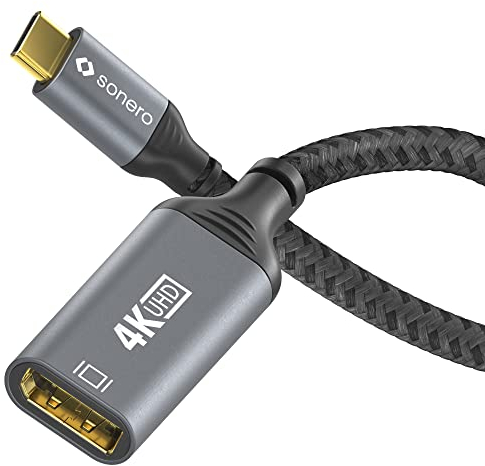 Sonero® 4K USB-C auf DisplayPort Adapter, DisplayPort Buchse auf USB-C Stecker, 4K 60Hz, 18GB/s, Baumwollmantel, grau/schwarz, 0,10 Meter