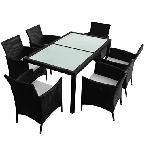 Yolola Polyrattan Gartenmöbel Set Rattan Essgruppe 6 Personen Gartenmöbel Essgruppe mit Auflagen Sitzgruppe Garten 7-TLG. Gartengarnitur Terrassenmöbel Schwarz und Weiß