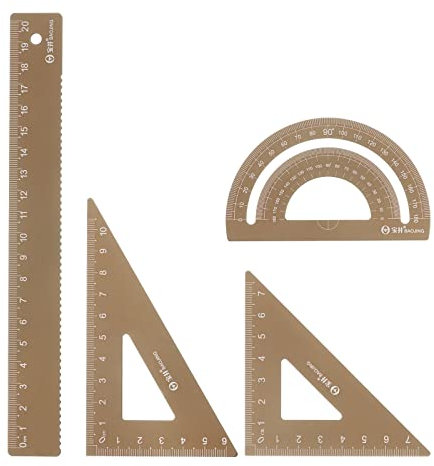 sourcing map Set di 4 geometrie da 20 cm, misura metrica per incisione laser in alluminio, righello in metallo, set di strumenti per goniometro triangolare, per aule, ufficio, casa, marrone