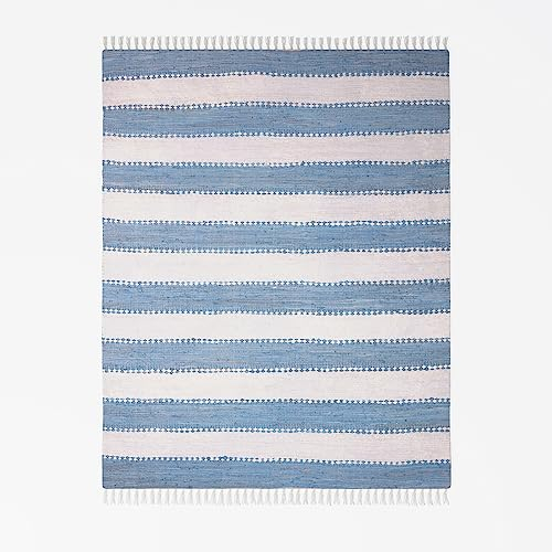 MY-RUG Chindi Fleckerlteppich 140 x 200 cm - Hellblau Weiß gestreift, handgewebt, recycelte Baumwolle als Flickenteppich und Wendeteppich, moderner Kelim Teppich Aarav