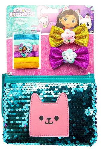 Gabby's Dollhouse Accessoires Set mit 6 Zöpfchenhaltern, 2 Haarspangen mit Glitzermasche und magischem Pailletten-Beautytäschchen auf Backercard 15x2x24 cm