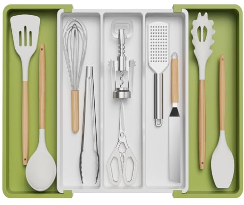 Lifewit Utensil Drawer Organiser, Expandable Large Cutlery Tray for Kitchen, Adjustable Silverware Flatware Holder, Plastic Kitchen Spatula Tools and Gadgets Storage Divider, Large, Green&White