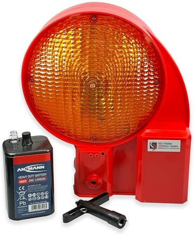 UvV Baustellen Warnleuchte UVWARN Absperrbaken Laterne Bakenleuchte gelbe LED + 1 Batterie 6 Volt 200mm Linse L6 DIN EN12352 einseitiges Licht gem. RSA 21 (rotes Lampengehäuse)
