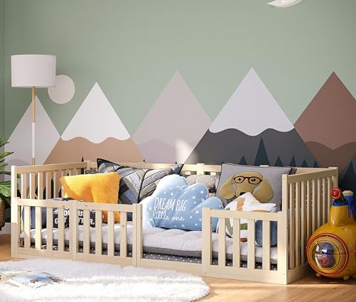 Bellabino Cuvo Kinderbett mit Rausfallschutz, Bodenbett 90x200 cm inkl. Lattenrost, Montessori Bett Kiefer massiv, Natur lackiert