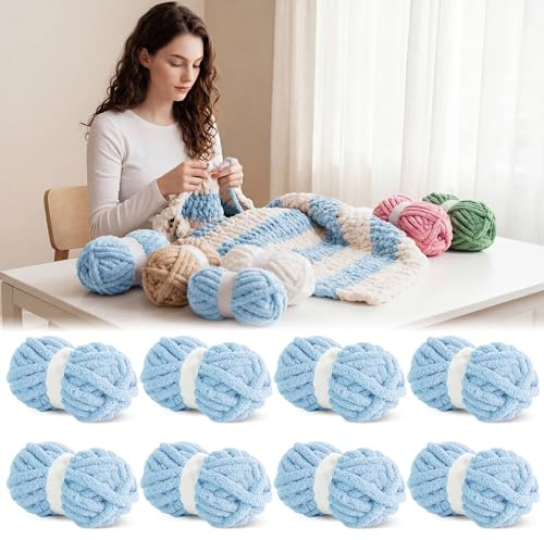 BALAPET 8 Pack Chunky Chenille Yarn for Crocheting & Knitting, 27yds 8 oz Each Skein Soft Fluffy Kitting Yarn Set, Thick Velvet Plush Yarn for Handcrafts Weaving Making Blankets, Sky Blue