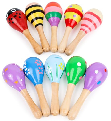 POPLAY 10PCS Mini Wooden Maracas, Maracas for Toddler Musical Instruments Wooden Shakers Baby Musical Toys Infant Learning Toys