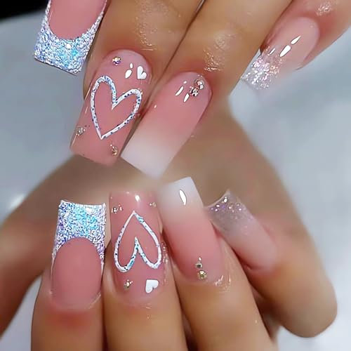 Kryzalite 24 Stück French Tip Press on Nails Heart Deign, glänzende rosa künstliche Nägel mit Kleber, wiederverwendbare Stick-on-Nägel in 12 Größen