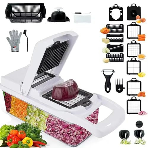 Lifeeverkeep Vegetable Chopper - Cheese Grater, 26-in-1 Mandoline Slicer Chopper Vegetable Cutter, Anti-Slip Container, Safety Gloves, Chop-Cut-Spiralizer, Easy Clean