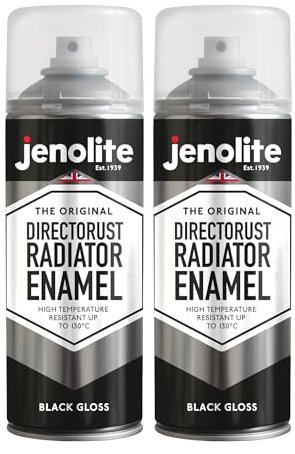 JENOLITE Directorust Radiator Enamel Spray Paint | BLACK | Gloss Finish | Resistant to 130ºC | Durable, Scuff Resistant, Non-Yellowing Radiator Paint | No Primer Needed | 2 x 400ml
