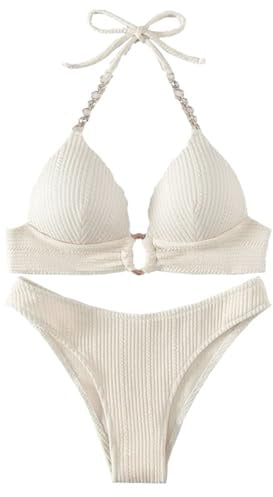 letcdfer Damen Bikini Set,Push Up Bikini Damen Set,Neckholder Triangel Bikini Tanga Sexy Badeanzug Zweiteiliger Badeanzug Bikini Mit Ring Bademode Swimsuit (82% Polyester + 18% Elastan, Stil 1)