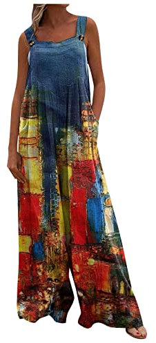 Azruma 80Er Kostüm, Hosenrock Damen Lang Blaumann Damen Frauen Casual Drucken Plissee Square Neck Ärmellose Lang Jumpsuit Mit Taschen Yoga Set Damen Schutzanzüge(2-Multicolor,XL)