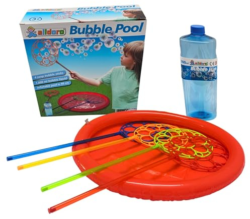 alldoro 60646 Riesen-Seifenblasen-Set mit 4 Blasringen für Kinder, inkl. 1 L Seifenblasenflüssigkeit und aufblasbarem Becken