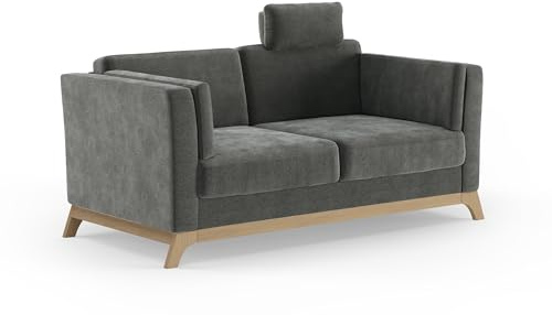 Cavadore 2,5er-Sofa Vida / 2,5-Sitzer Couch im trendigen Design mit massivem Holzrahmen in Buche, Kopfstütze mit Kuschelkissen / 183 x 84 x 93 / Mikrofaser, Grauoliv