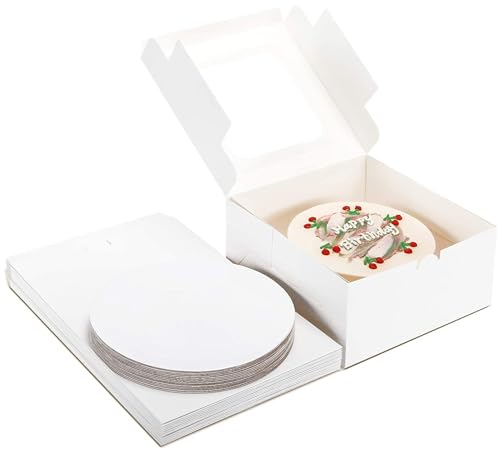 OPUHOHR 4 Sets Cake Boxes with Boards, 25.5x25.5x12.7 Inches Large Baking Boxes with Window, Cake Containers Tall Dessert Cardboard Boxes