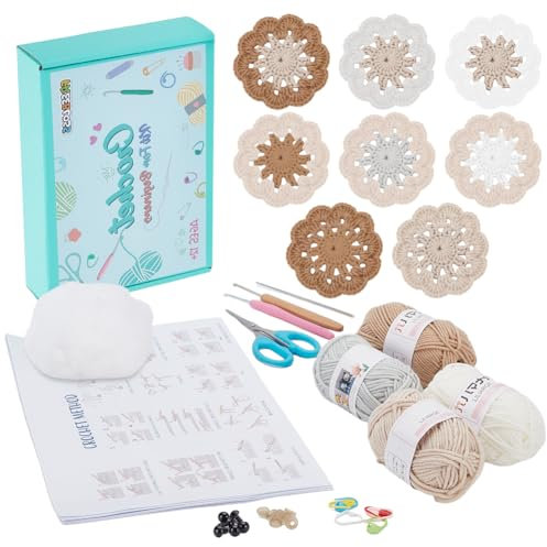 FREEBLOSS 8 Set Häkelset Für Anfänger Beiges Blumen Häkel Untersetzer Set Komplettes Starter Häkelset Für Erwachsene Anfänger Häkel Untersetzer Set Mit Video Tutorial Flower Granny Untersetzer Set