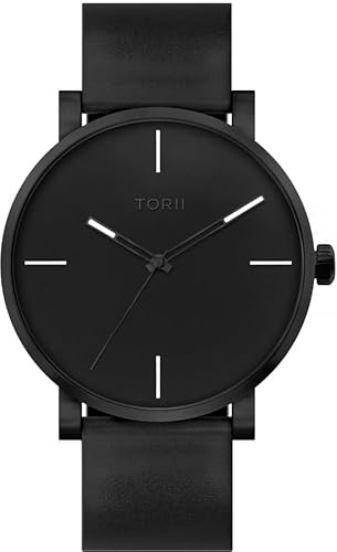 TORII Herrenuhr Schwarz Edelstahl - rund Quarz B45BL.B5 Lederarmband Strichindizes wasserdicht 100 m