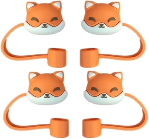 4Pcs Foxes Straw Cover for Stanley 40&30 Oz Cup, 8mm Silicone Straw Covers Cap for Stanley Cup Accessories, Cute Straw Topper for Tumblers, Straw Cap Stopper for Reusable Straws Tip Lids,Orange Straws