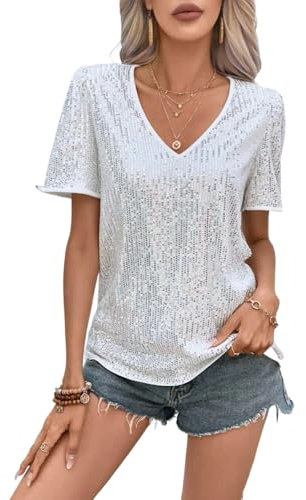 MINTLIMIT Damen Pailletten Oberteil Kurzarm Glitzer Shirt V-Ausschnitt Bluse Party Cocktail Oberteile