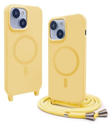CUZZCASE Silikon Schutzhülle kompatibel mit iPhone 15(6.1),Kabellosem Laden,Silikon Stylische Verstellbarer Halskette Handyhülle-gelb