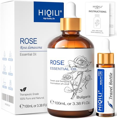 HIQILI Rosenöl 100ml, 100% Reines Ätherische Öle, Für Gesicht, Haut, Diffusor, Aromatherapie, Haare, DIY Parfüm und Kerze - Inklusive Glas-Reiseflasche