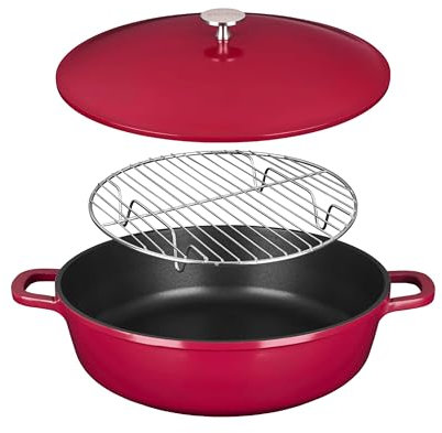 Sitram 716946 Poêle Ø28cm tout en 1 Fonte Aluminium = 1 cocotte pour remplacer poêle, casserole, sauteuse + couvercle avec picots, panier vapeur, grille pour rôtissoire, spatule - compatible induction