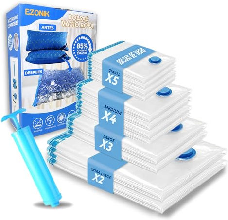 Bolsas Vacío Ropa - Pack de 15 Bolsas 2XL+4L+4M+5S con Bomba Manual - Reduce Espacio - Ahorro Grande para Guardar Ropa, Edredones. Almacenaje al Vacio. Vacuum Storage Bags - Ideal Viajes.