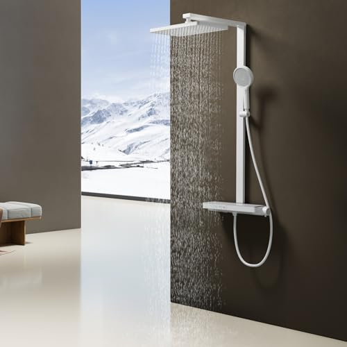 EMKE Duschsystem mit Thermostat – 36 x 24 cm Regendusche mit Armatur, Duschsystem mit 40 cm Glasablage & Handbrause (4 Strahlarten), höhenverstellbar, Weiß Matt, inkl. LED-Digitalanzeige