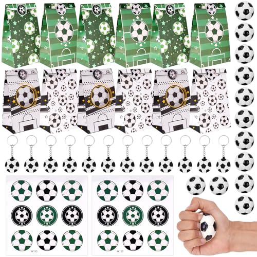 54 Pièces Anniversaire Football, 12 Sacs En Papier Sacs D'anniversaire avec 12 Petit Ballon De Foot 12 Porte-Clés 18 Autocollants, Cadeau Anniversaire Enfants Invites pour Garçon et Fille