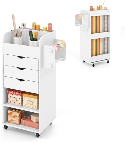 GOPLUS Rollcontainer, mobiler Aktenschrank mit Rollen, Schubladenwagen mit 3 Schubladen, 2 Offenen Fächern & 2 Holzstäben, Rollwagen Schubladenschrank für Wohnzimmer & Arbeitszimmer, 49 x 33 x 85 cm
